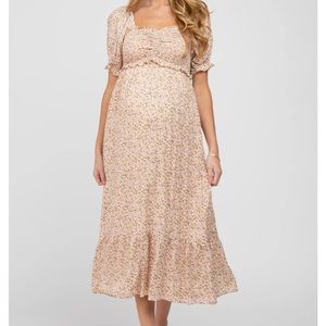 Pink Floral Sweetheart Neck Maternity Midi Dress